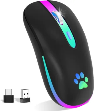 FUWANG Wireless Mouse, Rechargeable LED Wireless Bluetooth Mouse,Portable USB Optical 2.4G Wireless Bluetooth Two Mode Computer Mice with USB & Type-c Receiver, Black