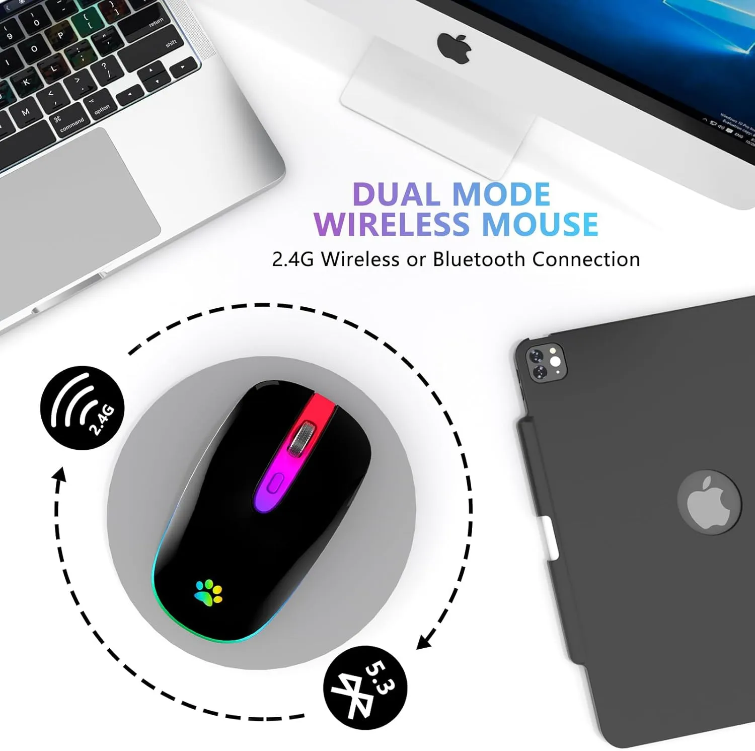 FUWANG Wireless Mouse, Rechargeable LED Wireless Bluetooth Mouse,Portable USB Optical 2.4G Wireless Bluetooth Two Mode Computer Mice with USB & Type-c Receiver, Black