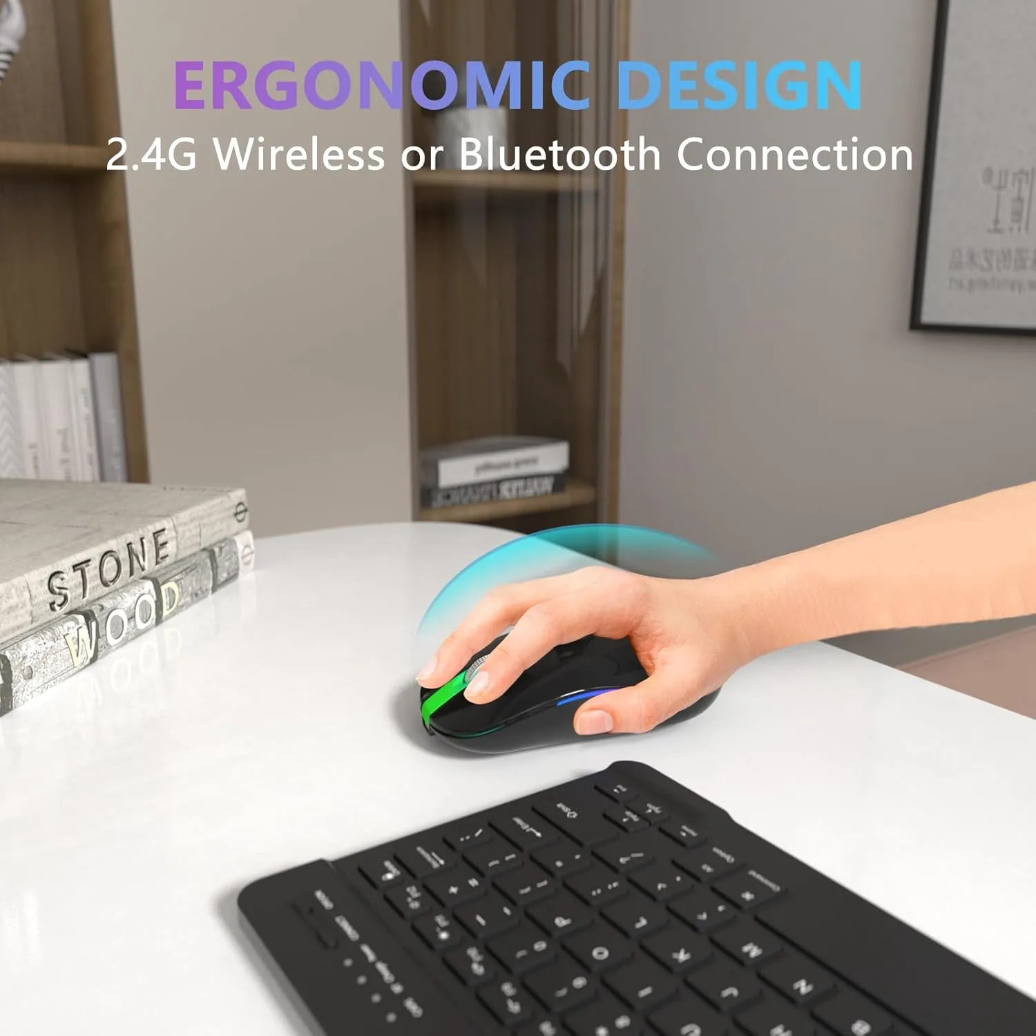 FUWANG Wireless Mouse, Rechargeable LED Wireless Bluetooth Mouse,Portable USB Optical 2.4G Wireless Bluetooth Two Mode Computer Mice with USB & Type-c Receiver, Black