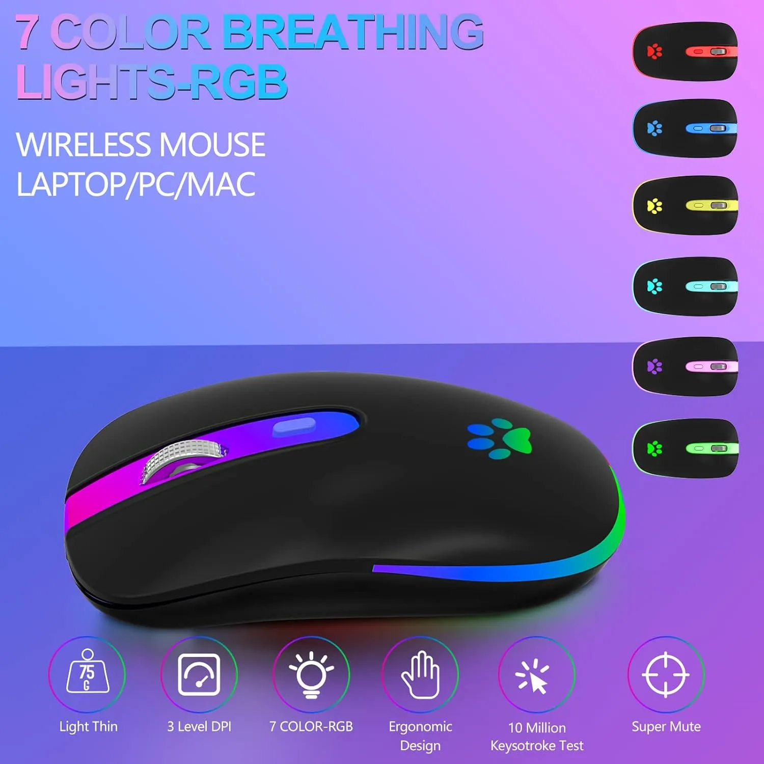 FUWANG Wireless Mouse, Rechargeable LED Wireless Bluetooth Mouse,Portable USB Optical 2.4G Wireless Bluetooth Two Mode Computer Mice with USB & Type-c Receiver, Black