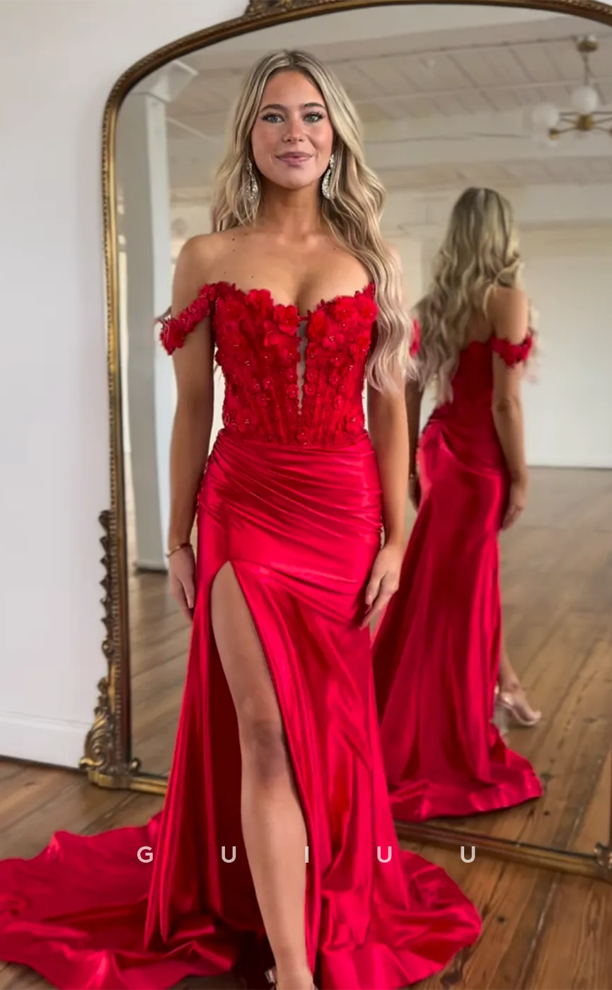 G4564 - Sheath Off-Shoulder Pleats Appliques High Side Slit Prom Dress with Court Train