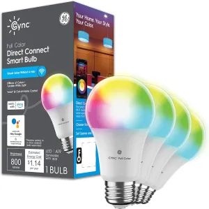 GE CYNC Smart LED Light Bulbs, Color Changing, Bluetooth and Wi-Fi Enabled, Alexa and Google Assistant Compatible, A19 Light Bulbs (4 Pack), 9.5 W