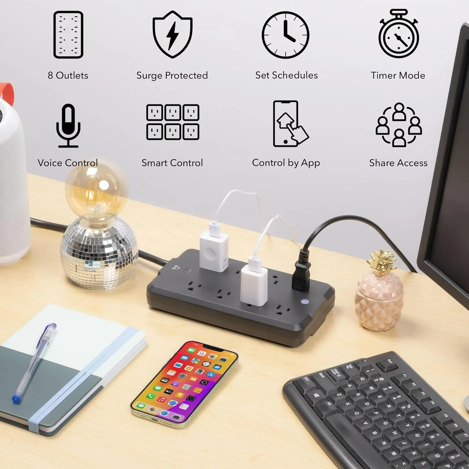 Geeni Surge Ultra Smart Surge Protector  8 Outlet Power Strip with 6 Smart   2 Always-On, 1200 Joules, Remote Control, Alexa & Google Assistant Compatible