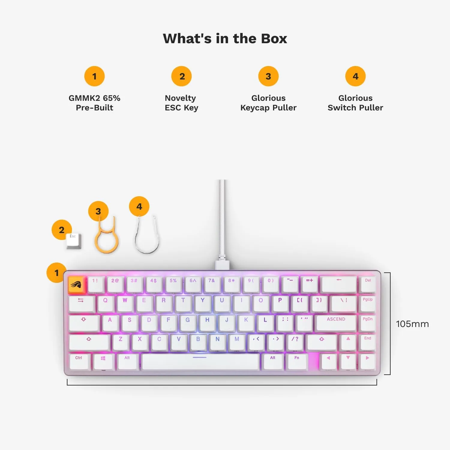 Glorious Gaming GMMK 2-65 Percent Keyboard - White Custom Layout - Compact Low-Profile - Hotswap w/Cherry Mx Style Switches - Incl. Double Shot Keycaps & Linear Switches