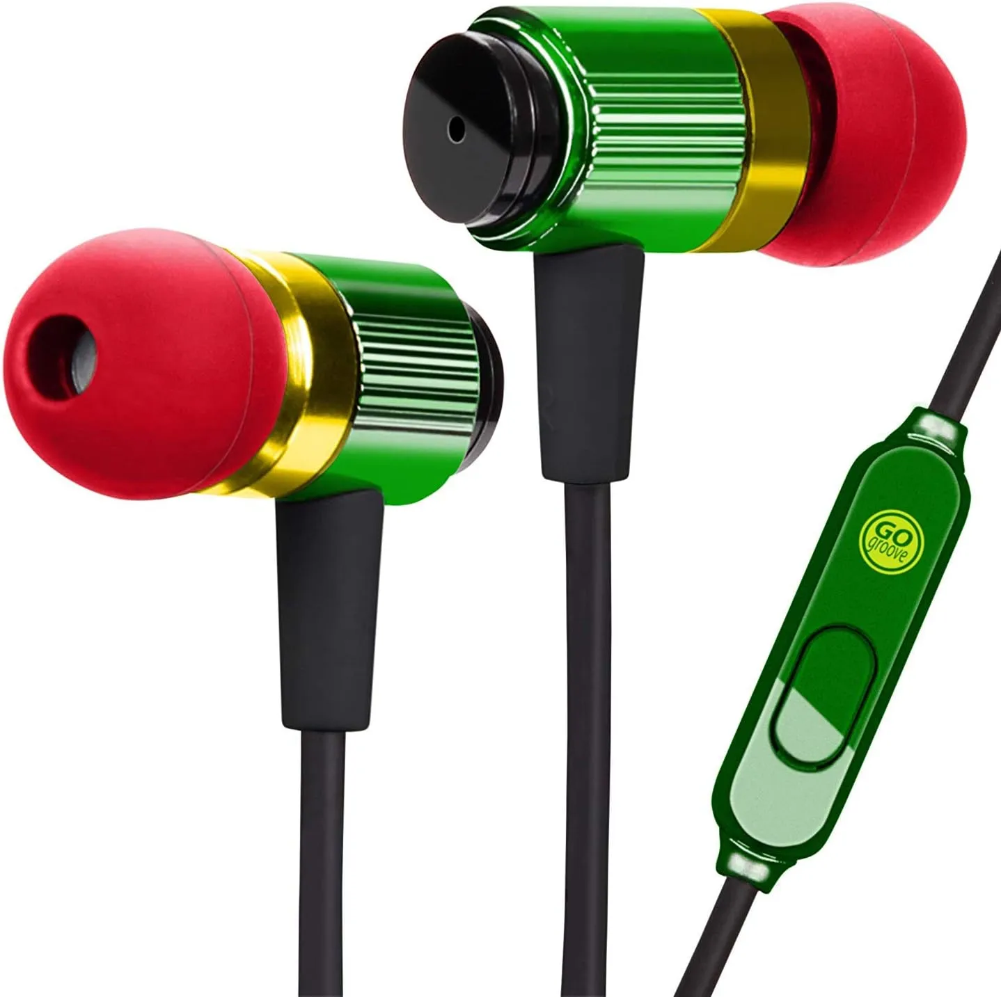 GOgroove Durable Heavy Duty Earbud Headphones (Rasta) - Ergonomic Earphones with Fiber-Reinforced Cable, Microphone, in-Line Music Button - in-Ear Noise Isolation & Rugged Metal Driver Housing
