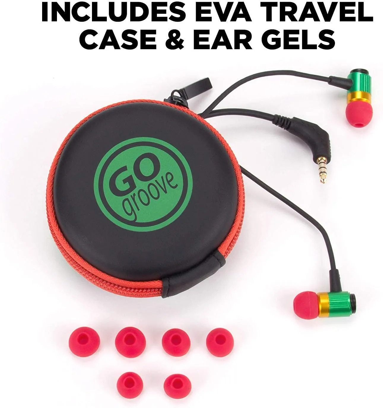 GOgroove Durable Heavy Duty Earbud Headphones (Rasta) - Ergonomic Earphones with Fiber-Reinforced Cable, Microphone, in-Line Music Button - in-Ear Noise Isolation & Rugged Metal Driver Housing