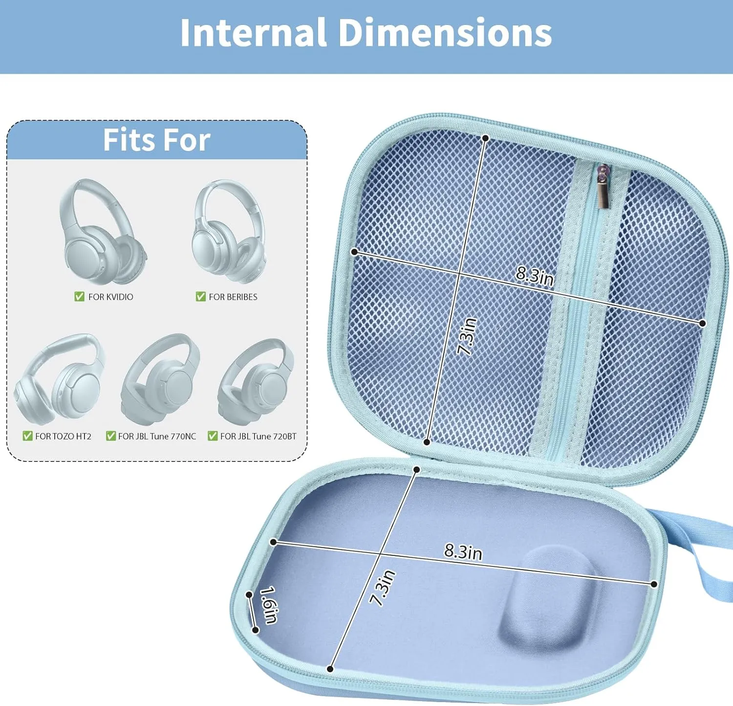 Headphone Case Compatible with BERIBES/for JBL Tune 510BT/ 720BT/ for Sony WH-CH520/ WH-CH720N/ WH-1000XM4/ for TOZO HT2 Noise Cancelling Headphones, Wireless Bluetooth Over Ear Earphone Bag (Blue)