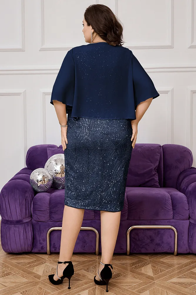 HN Sequined Party Chiffon Shrug Sleeveless Dress