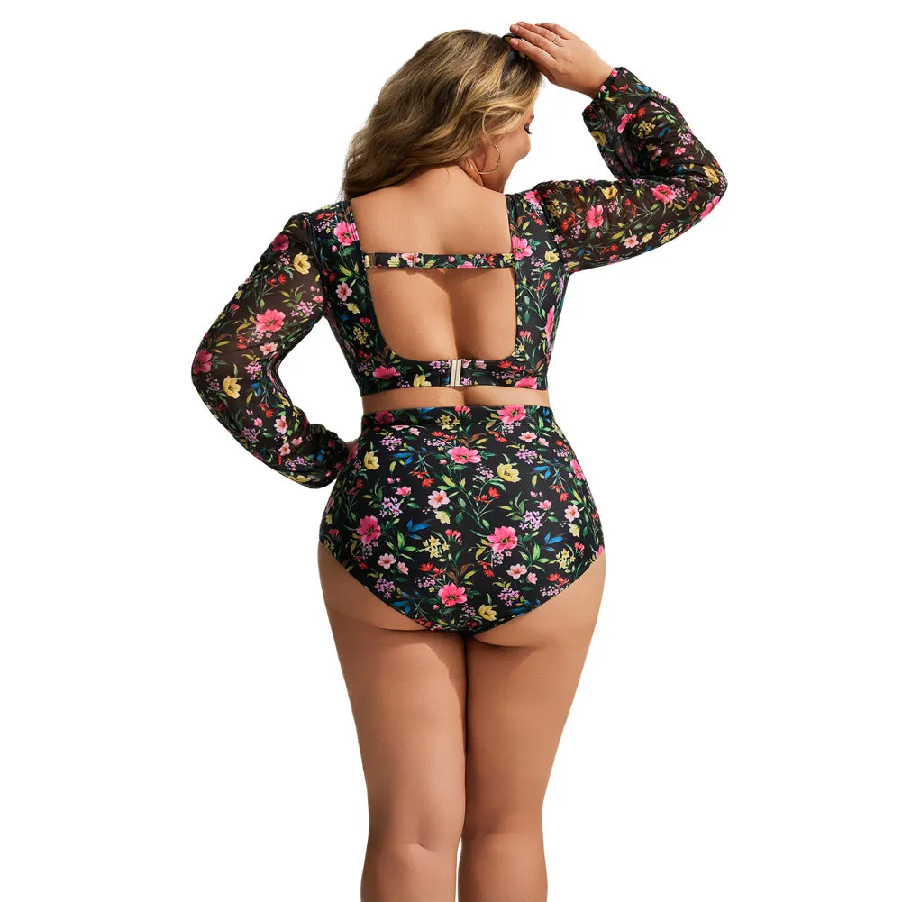 HN Women Plus Size 2pcs Set Swimsuit Long Sleeve V-Neck Padded Tops Briefs