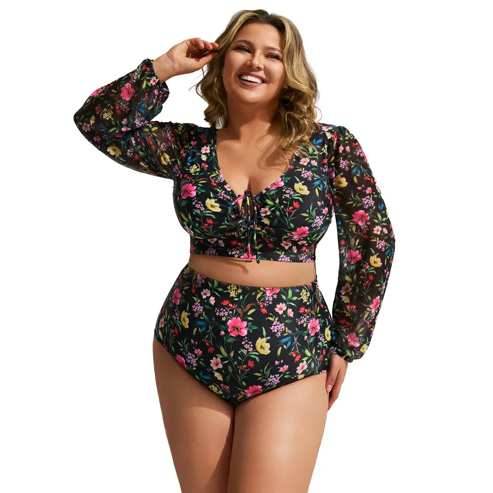 HN Women Plus Size 2pcs Set Swimsuit Long Sleeve V-Neck Padded Tops Briefs