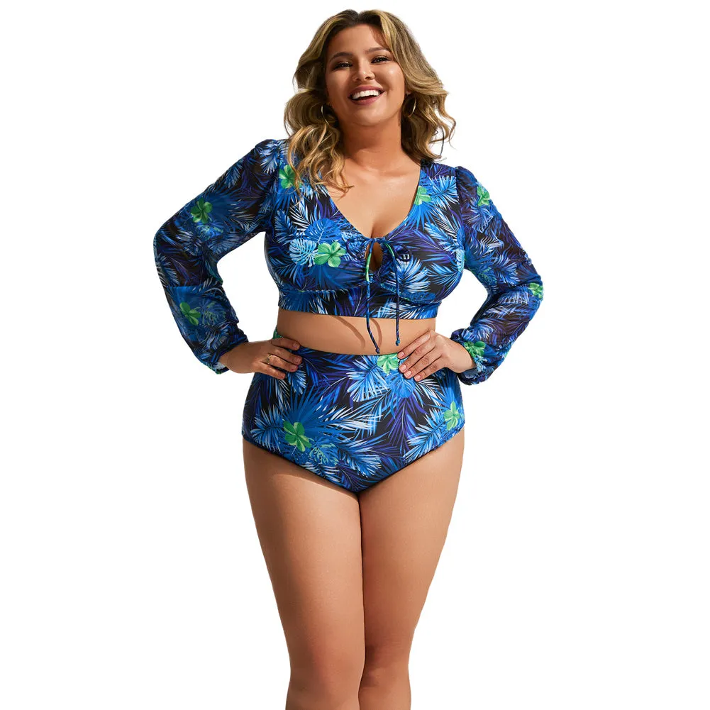 HN Women Plus Size 2pcs Set Swimsuit Long Sleeve V-Neck Padded Tops Briefs