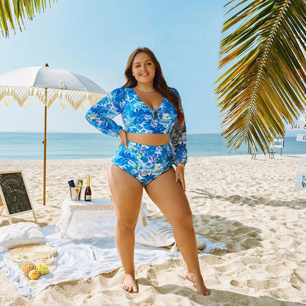 HN Women Plus Size 2pcs Set Swimsuit Long Sleeve V-Neck Padded Tops Briefs