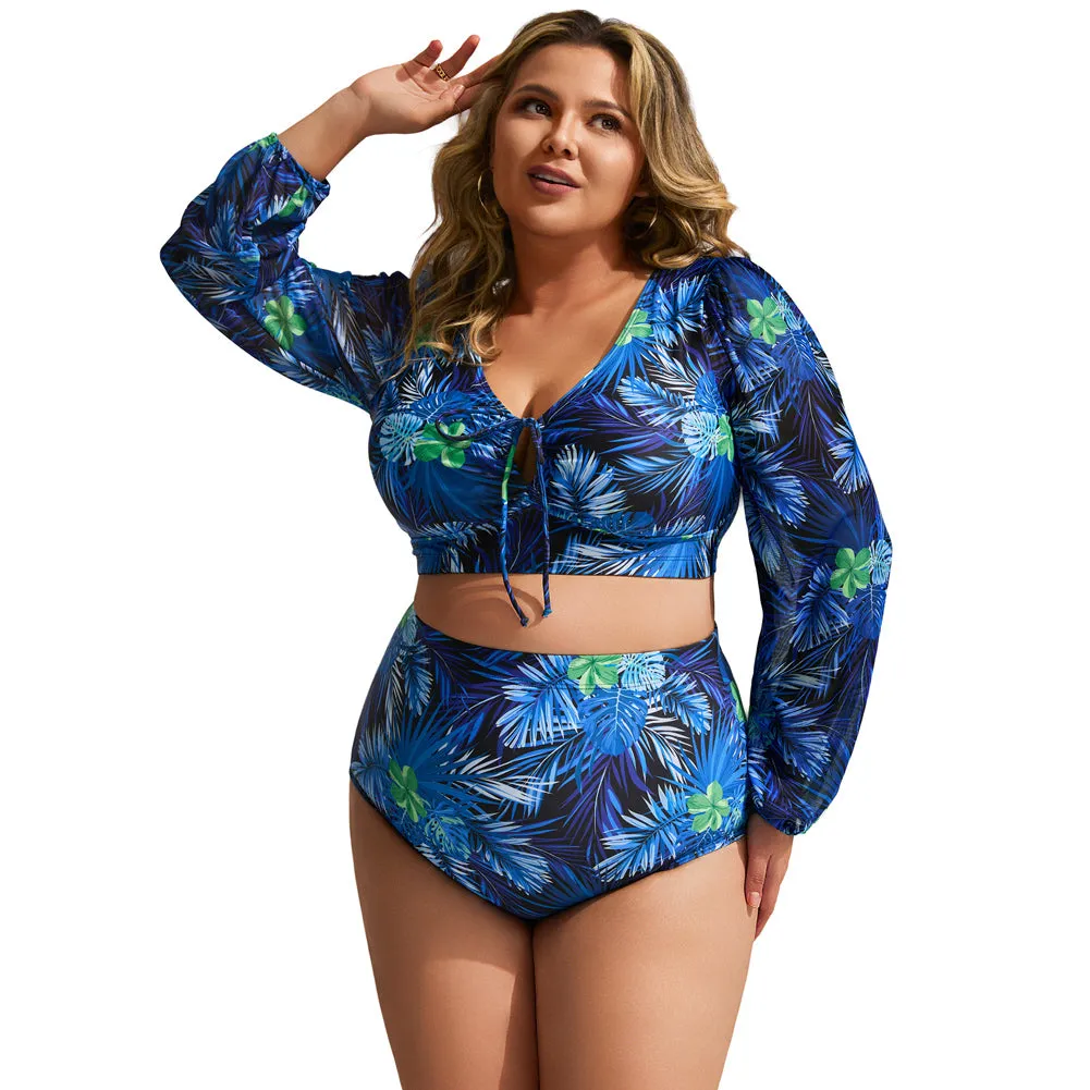 HN Women Plus Size 2pcs Set Swimsuit Long Sleeve V-Neck Padded Tops Briefs