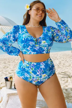 HN Women Plus Size 2pcs Set Swimsuit Long Sleeve V-Neck Padded Tops Briefs