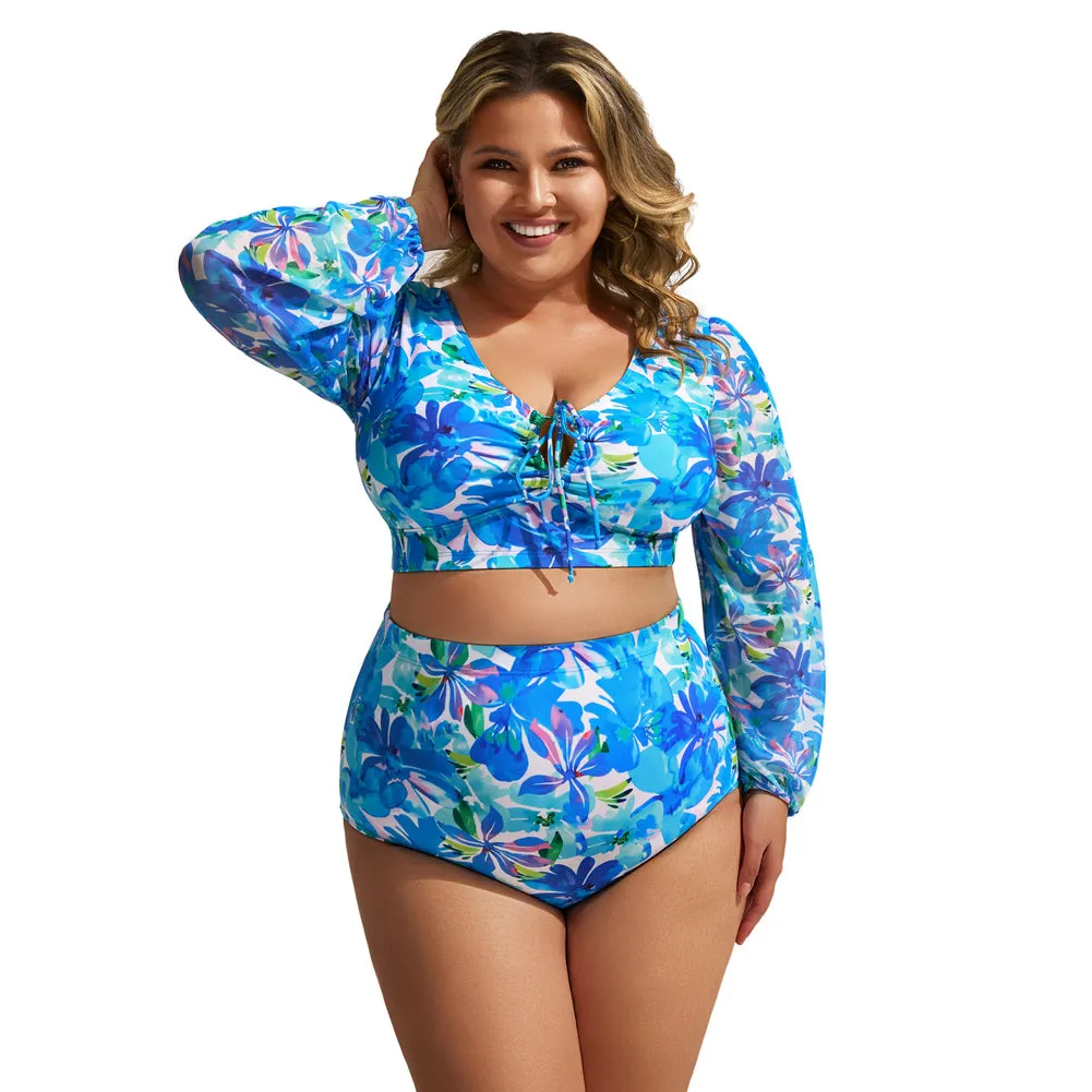 HN Women Plus Size 2pcs Set Swimsuit Long Sleeve V-Neck Padded Tops Briefs