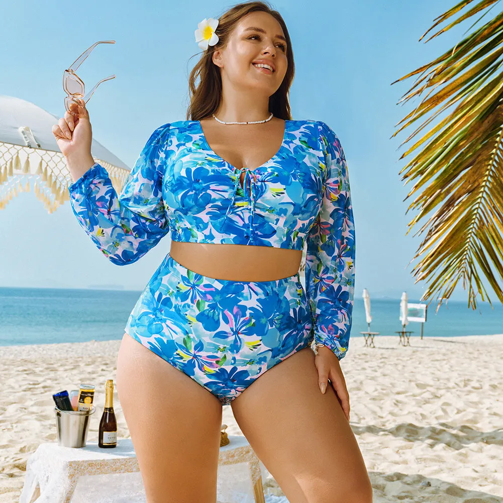 HN Women Plus Size 2pcs Set Swimsuit Long Sleeve V-Neck Padded Tops Briefs