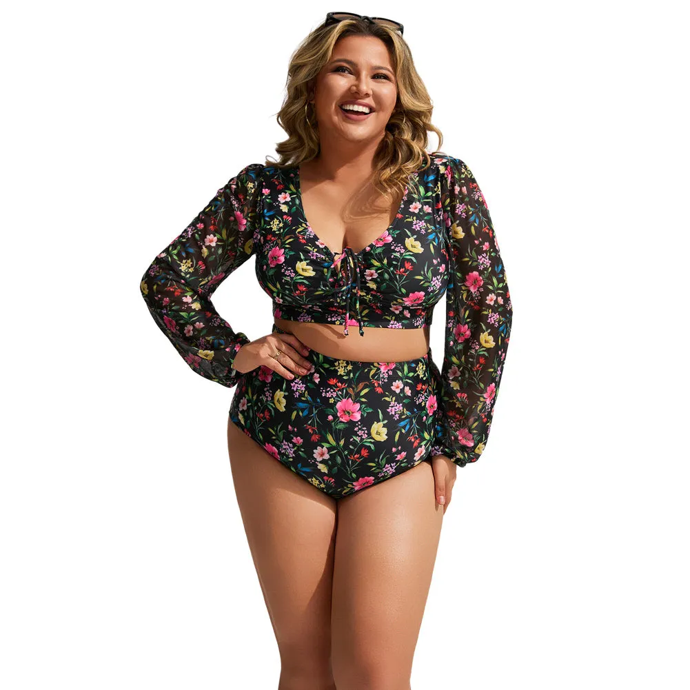 HN Women Plus Size 2pcs Set Swimsuit Long Sleeve V-Neck Padded Tops Briefs