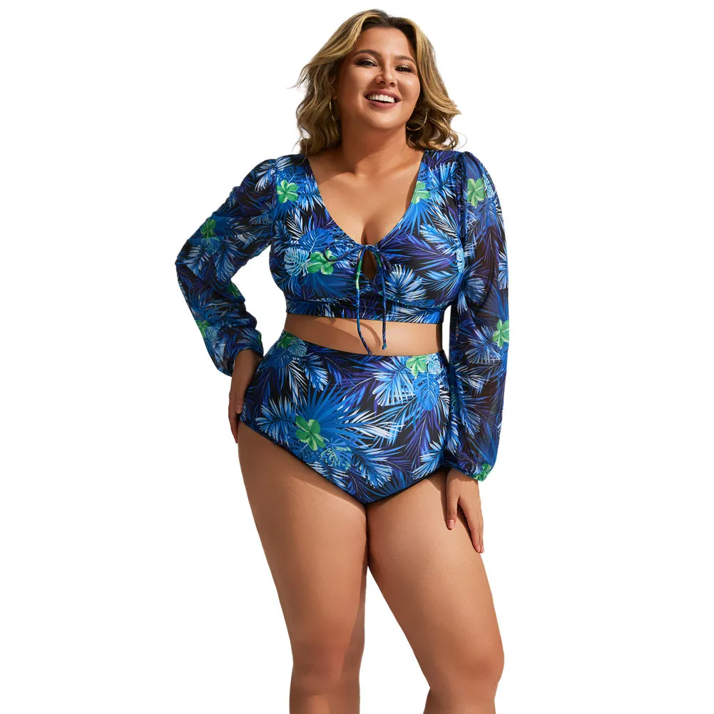 HN Women Plus Size 2pcs Set Swimsuit Long Sleeve V-Neck Padded Tops Briefs