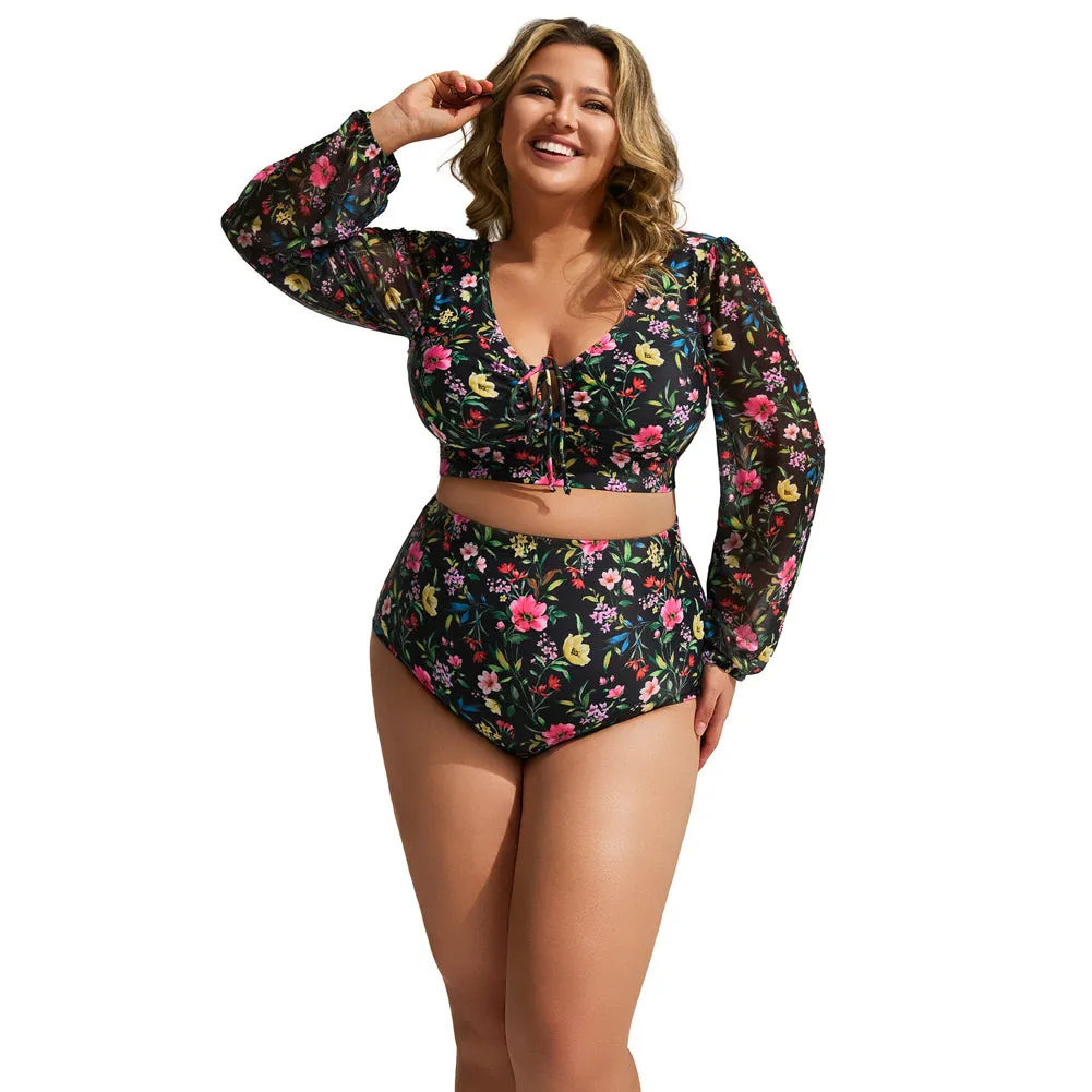 HN Women Plus Size 2pcs Set Swimsuit Long Sleeve V-Neck Padded Tops Briefs