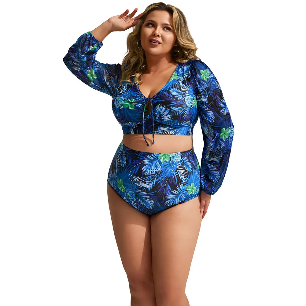 HN Women Plus Size 2pcs Set Swimsuit Long Sleeve V-Neck Padded Tops Briefs
