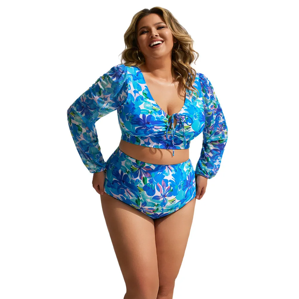 HN Women Plus Size 2pcs Set Swimsuit Long Sleeve V-Neck Padded Tops Briefs