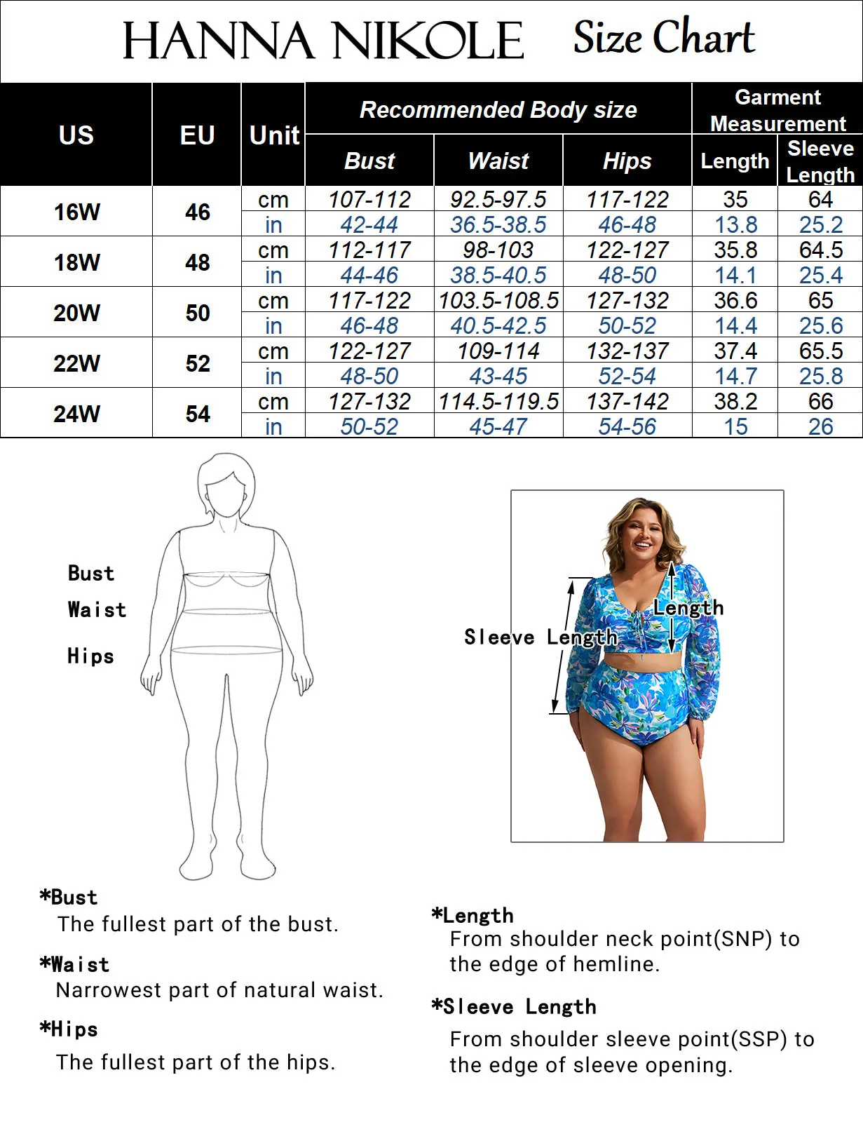 HN Women Plus Size 2pcs Set Swimsuit Long Sleeve V-Neck Padded Tops Briefs