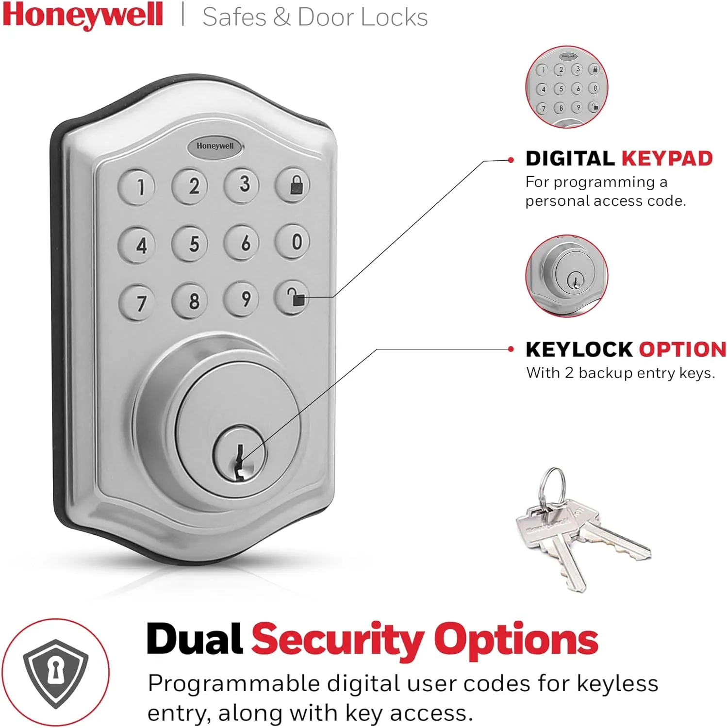 Honeywell Safes & Door Locks - Keyless Entry Door Lock with Smart Electronic Keypad Deadbolt - Easy Installation & 50 Different User Pin Codes - Auto Lock - Satin Nickel - 2.9 x 2 x 6.2 in - 8712309