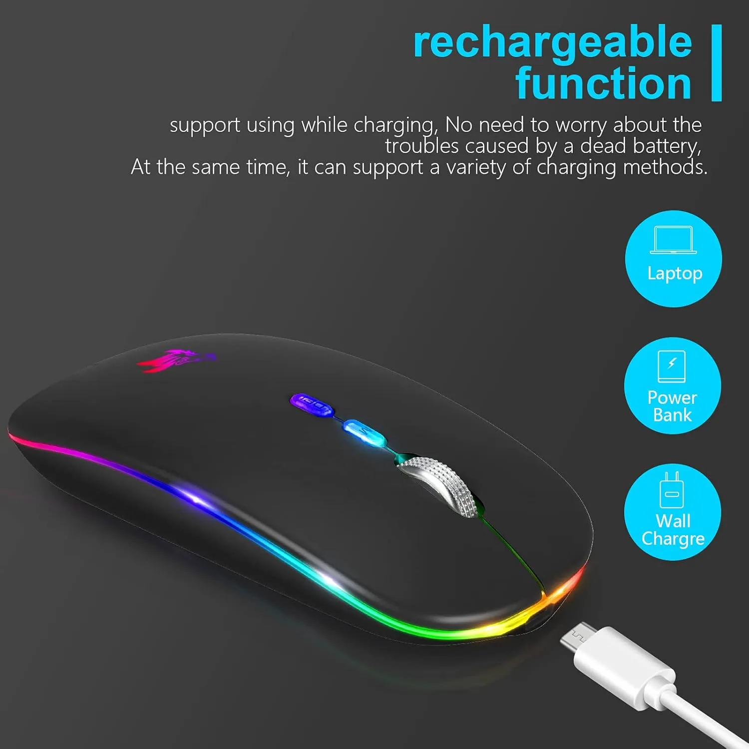HOTLIFE LED Wireless Mouse, Slim Rechargeable Silent Portable USB Optical 2.4G Wireless Bluetooth Two Mode Computer Mice with USB Receiver and Type C Adapter (Black)