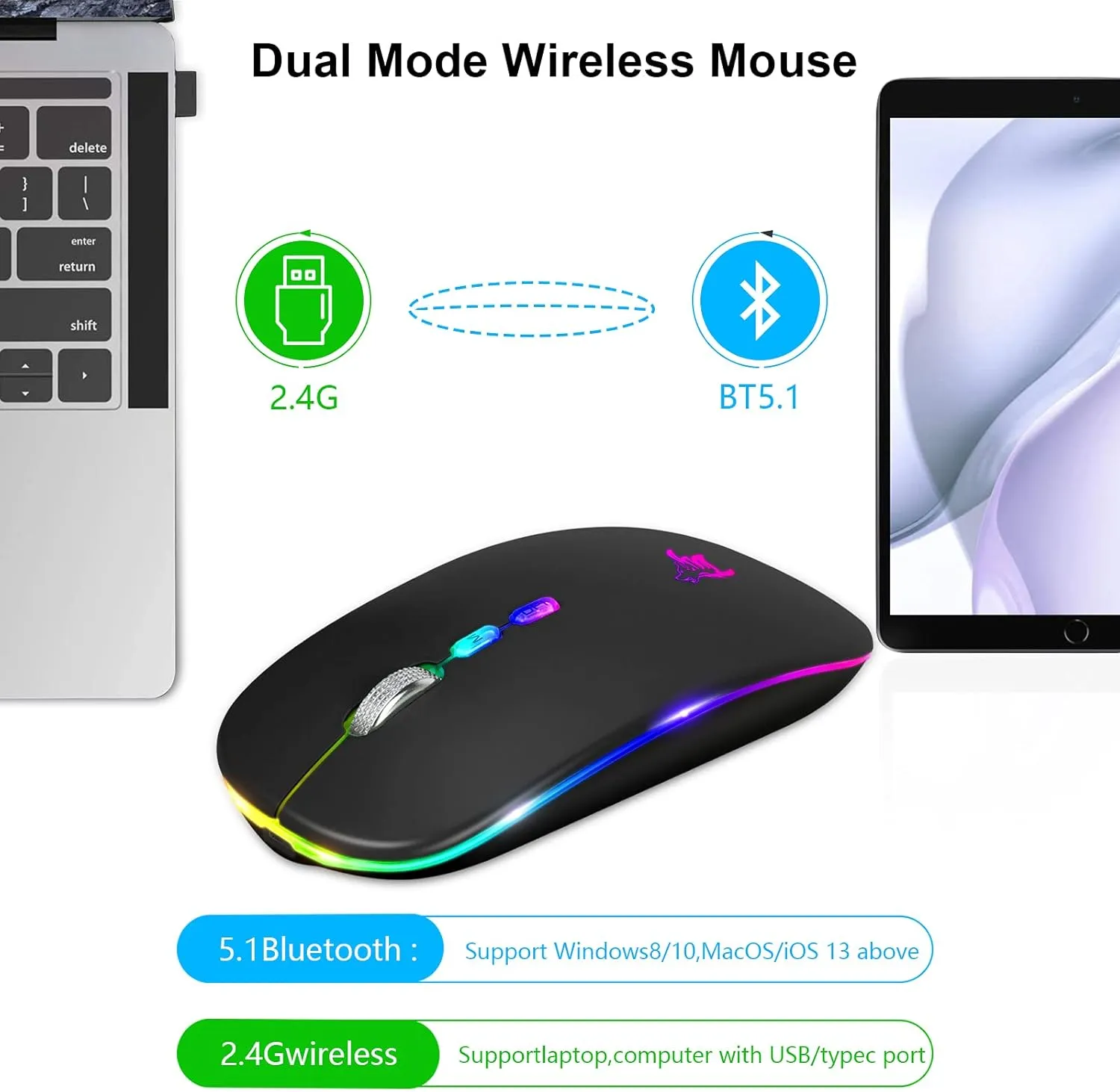 HOTLIFE LED Wireless Mouse, Slim Rechargeable Silent Portable USB Optical 2.4G Wireless Bluetooth Two Mode Computer Mice with USB Receiver and Type C Adapter (Black)