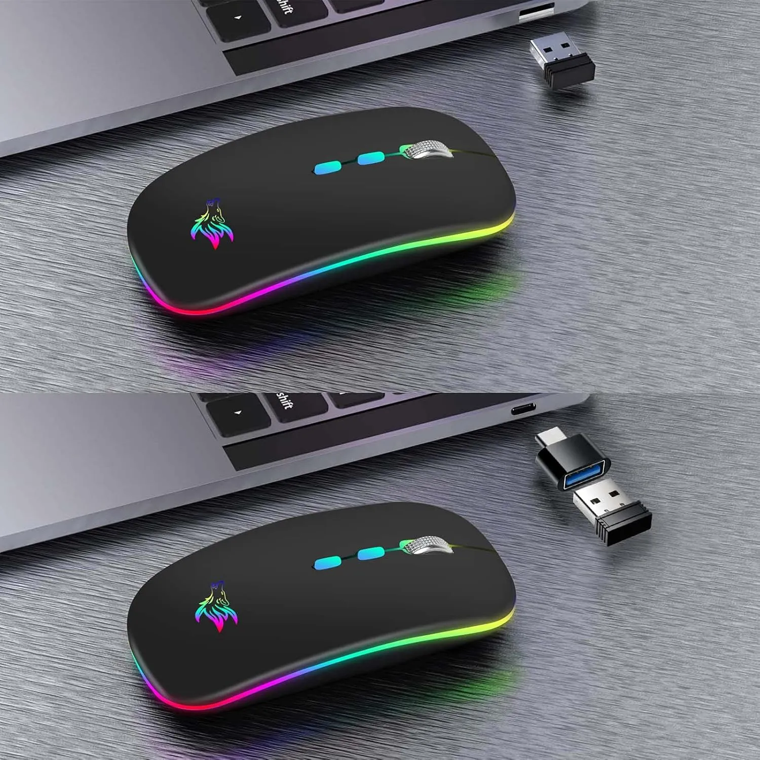 HOTLIFE LED Wireless Mouse, Slim Rechargeable Silent Portable USB Optical 2.4G Wireless Bluetooth Two Mode Computer Mice with USB Receiver and Type C Adapter (Black)