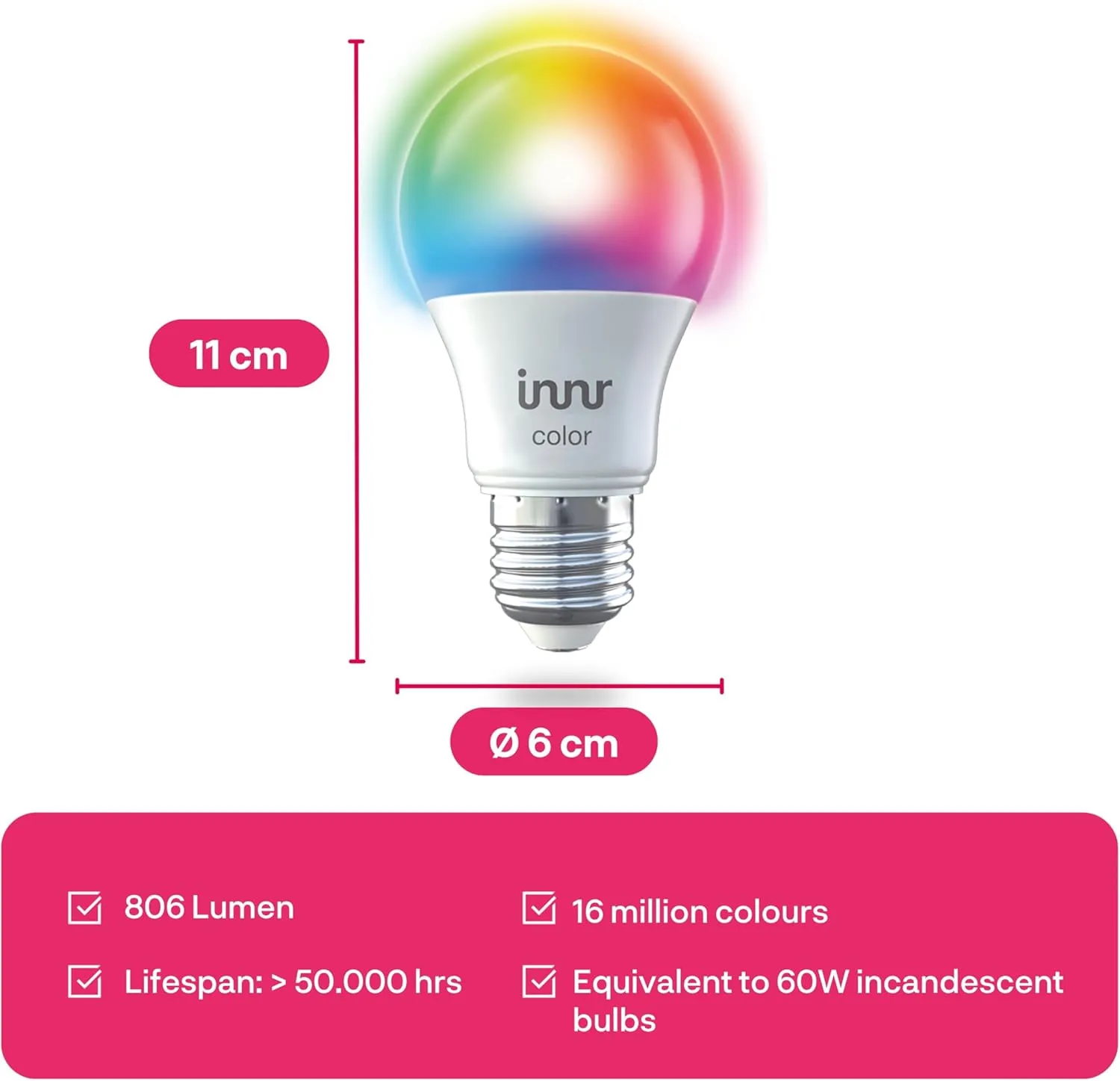 innr Smart Light Bulbs, A19 Zigbee, Works with Philips Hue* and Alexa (Bridge Required), White and Color, RGB, Dimmable Color Changing Light Bulb, E26 LED Bulb 60 Watt, 806lm, 2-Pack