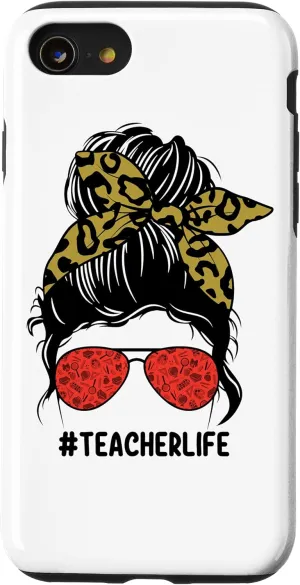 iPhone SE (2020) / 7 / 8 Teacher Messy Bun Hair Life Leopard Print Bandana Sunglasses Case