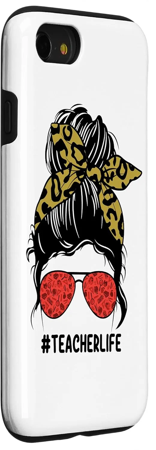 iPhone SE (2020) / 7 / 8 Teacher Messy Bun Hair Life Leopard Print Bandana Sunglasses Case