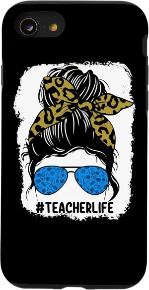 iPhone SE (2020) / 7 / 8 Teacher Messy Bun Hair Teaching Life Glasses Leopard Bandana Case