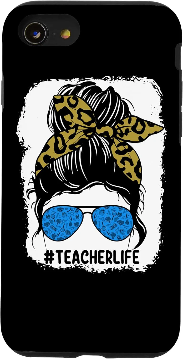 iPhone SE (2020) / 7 / 8 Teacher Messy Bun Hair Teaching Life Glasses Leopard Bandana Case