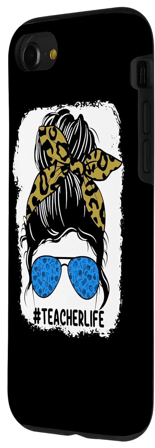 iPhone SE (2020) / 7 / 8 Teacher Messy Bun Hair Teaching Life Glasses Leopard Bandana Case