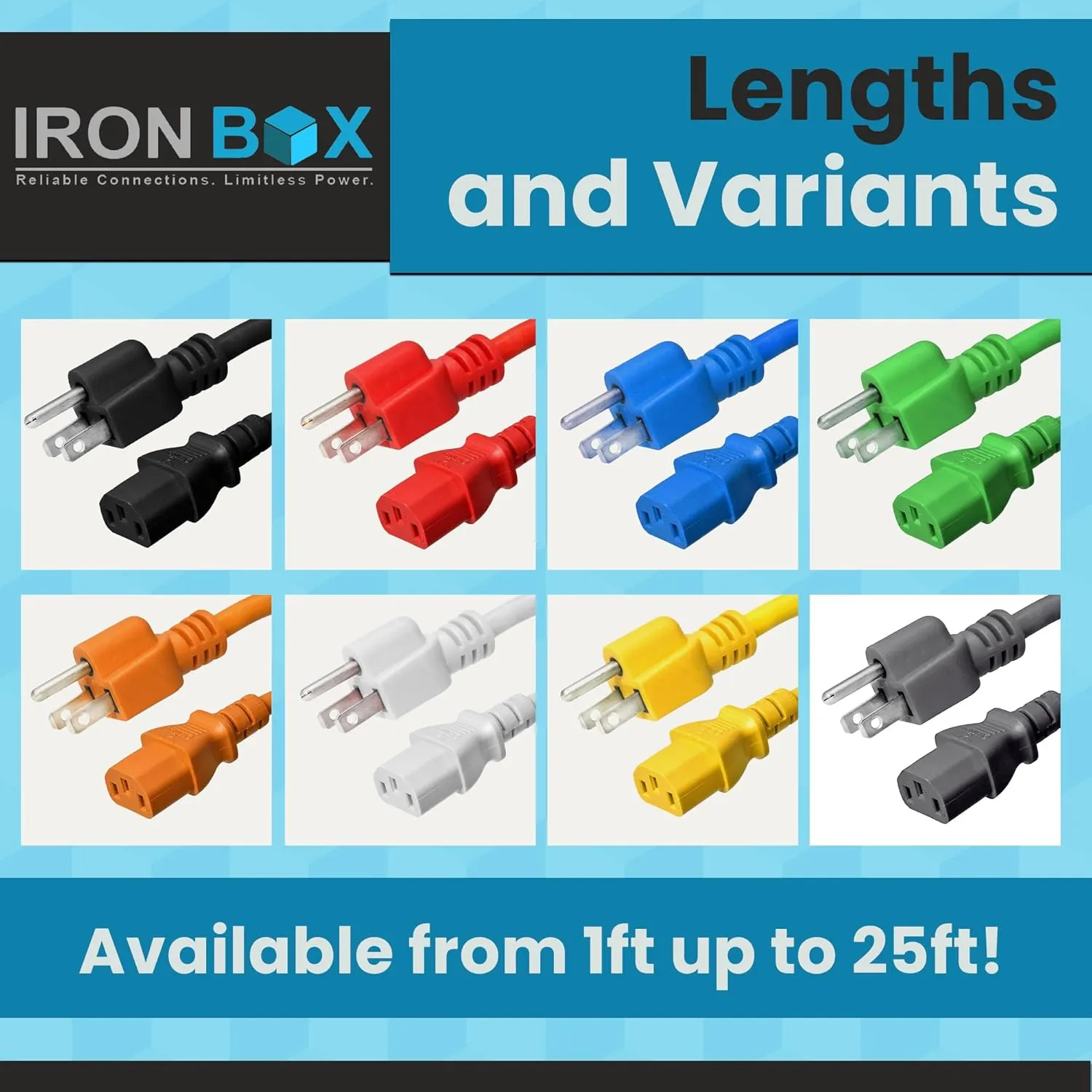 IronBox Electric - Heavy-Duty 5-15P to C13 Power Cord - 3 Prong 15A 125V 14/3 SJT PC Cable - Cord for Computer, Monitor, Subwoofer, Amplifier - Cable for Power Supply - (Blue 8 Foot)