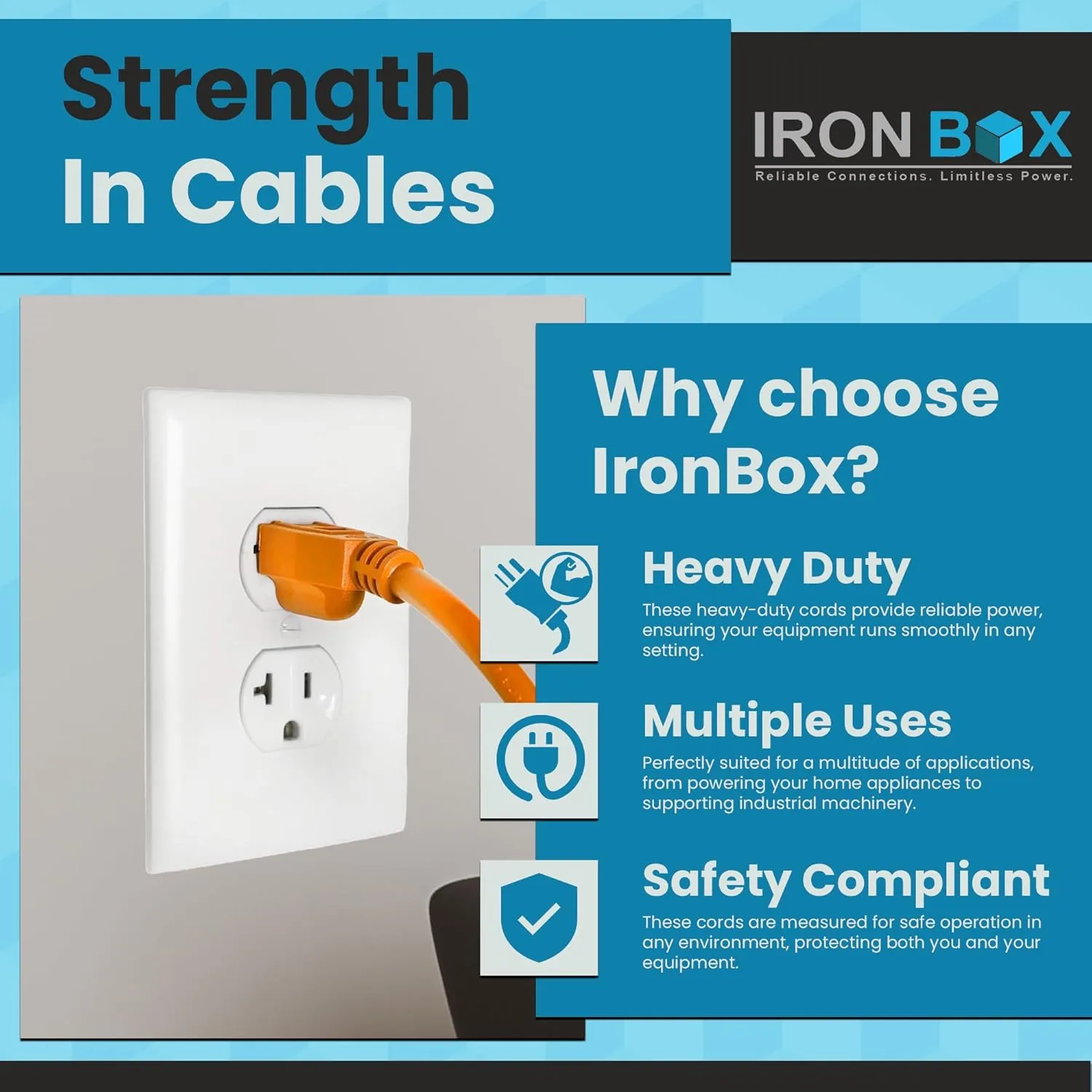 IronBox Electric - Heavy-Duty 5-15P to C13 Power Cord - 3 Prong 15A 125V 14/3 SJT PC Cable - Cord for Computer, Monitor, Subwoofer, Amplifier - Cable for Power Supply - (Blue 8 Foot)