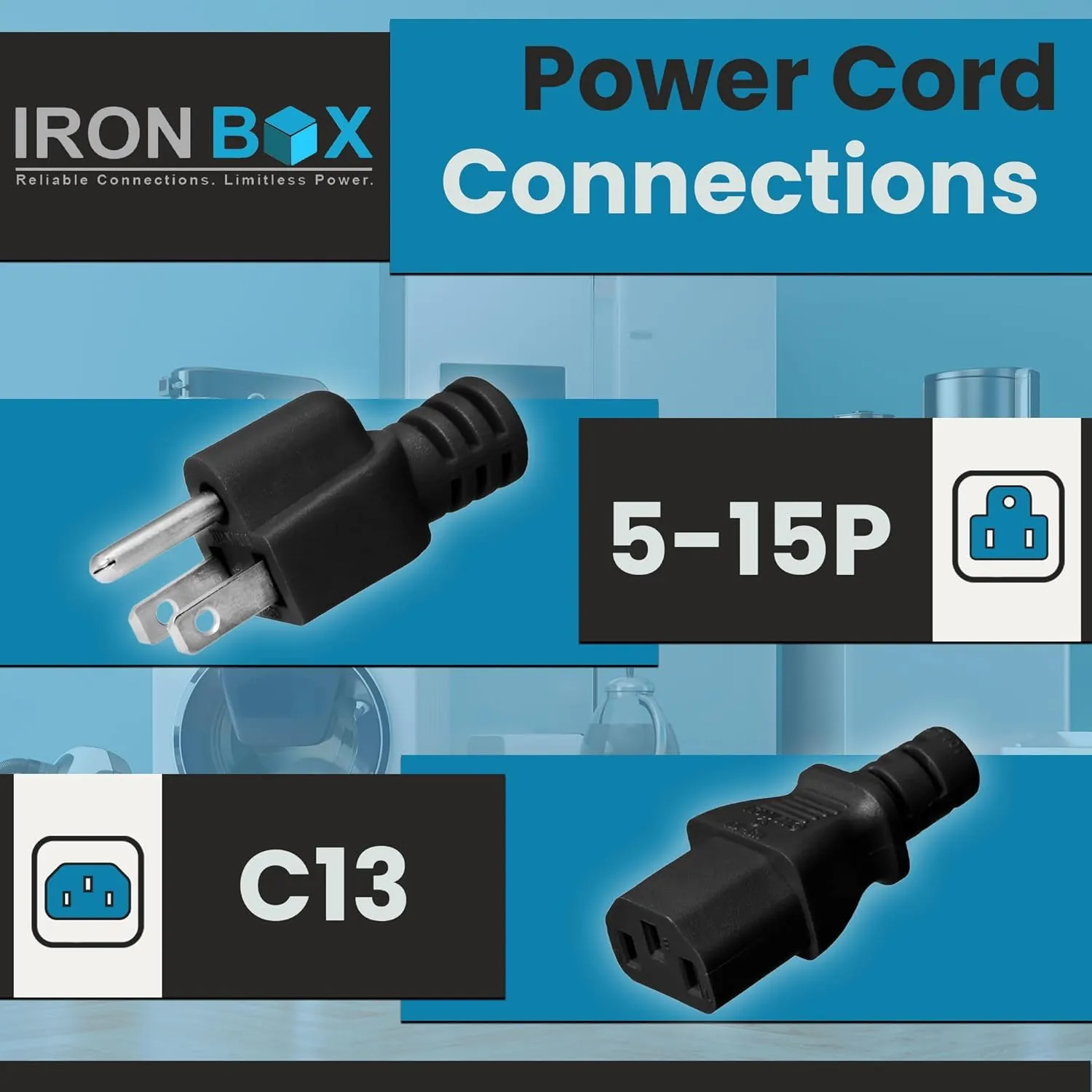 IronBox Electric - Heavy-Duty 5-15P to C13 Power Cord - 3 Prong 15A 125V 14/3 SJT PC Cable - Cord for Computer, Monitor, Subwoofer, Amplifier - Cable for Power Supply - (Blue 8 Foot)