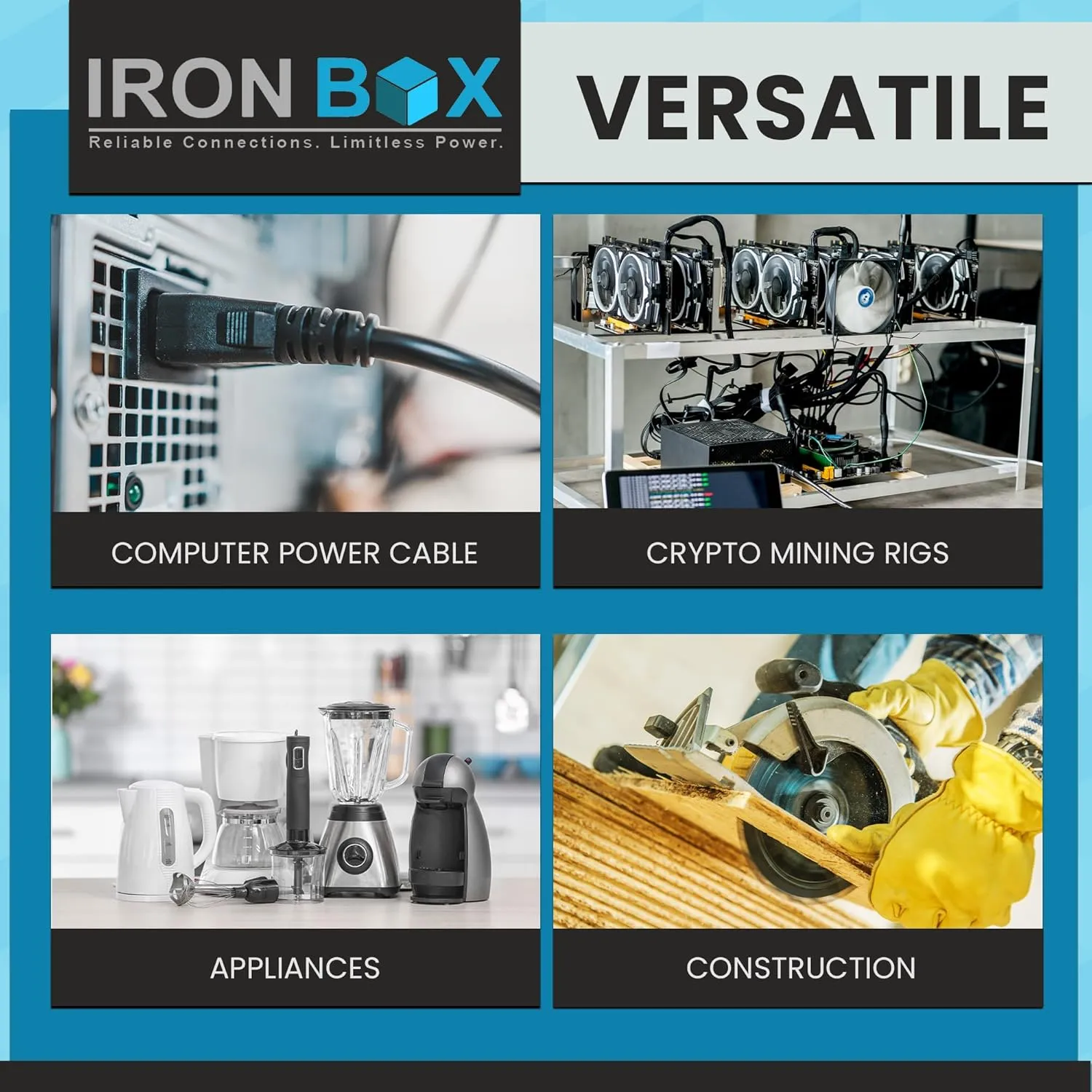 IronBox Electric - Heavy-Duty 5-15P to C13 Power Cord - 3 Prong 15A 125V 14/3 SJT PC Cable - Cord for Computer, Monitor, Subwoofer, Amplifier - Cable for Power Supply - (Blue 8 Foot)