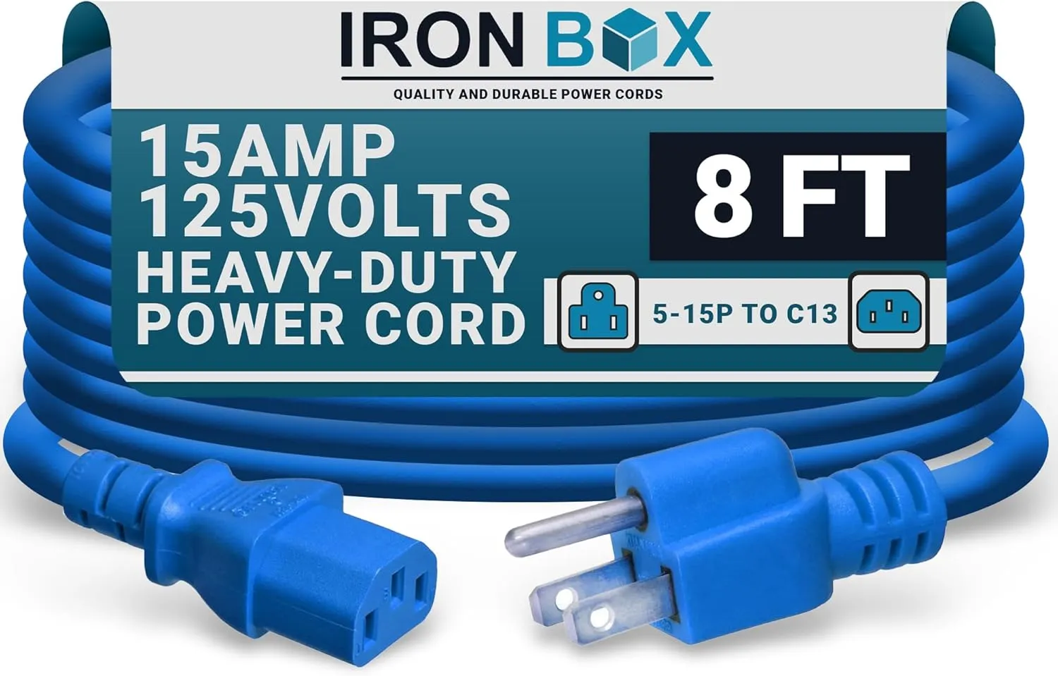 IronBox Electric - Heavy-Duty 5-15P to C13 Power Cord - 3 Prong 15A 125V 14/3 SJT PC Cable - Cord for Computer, Monitor, Subwoofer, Amplifier - Cable for Power Supply - (Blue 8 Foot)