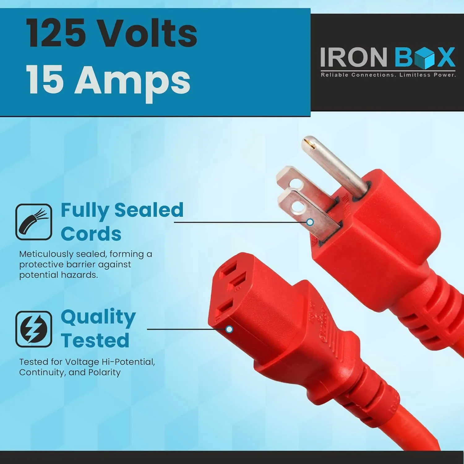 IronBox Electric - Heavy-Duty 5-15P to C13 Power Cord - 3 Prong 15A 125V 14/3 SJT PC Cable - Cord for Computer, Monitor, Subwoofer, Amplifier - Cable for Power Supply - (Blue 8 Foot)