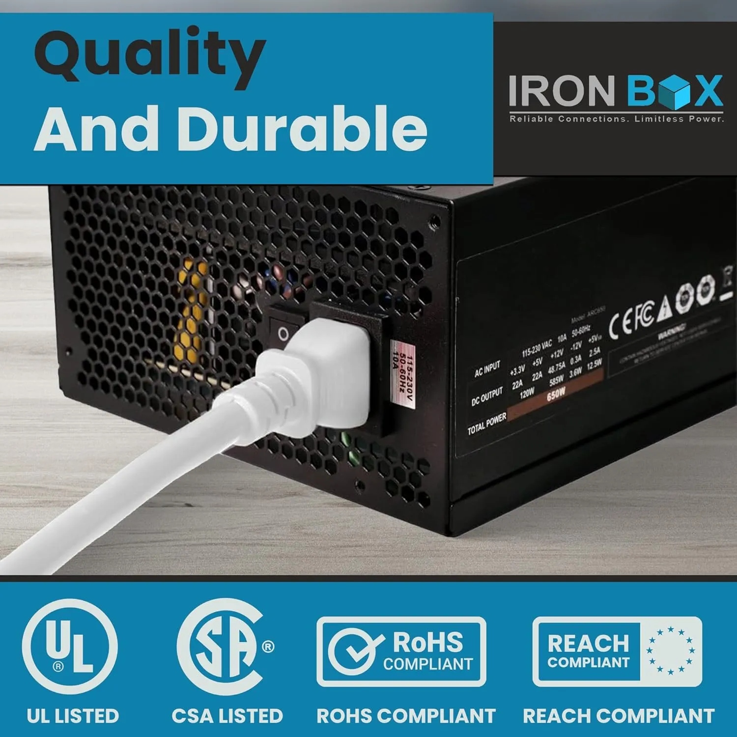 IronBox Electric - Heavy-Duty 5-15P to C13 Power Cord - 3 Prong 15A 125V 14/3 SJT PC Cable - Cord for Computer, Monitor, Subwoofer, Amplifier - Cable for Power Supply - (Blue 8 Foot)