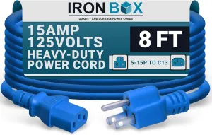 IronBox Electric - Heavy-Duty 5-15P to C13 Power Cord - 3 Prong 15A 125V 14/3 SJT PC Cable - Cord for Computer, Monitor, Subwoofer, Amplifier - Cable for Power Supply - (Blue 8 Foot)
