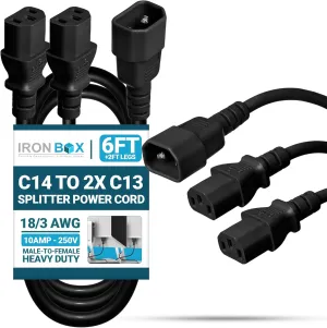 IronBox Electric IEC C14 to 2X C13 Splitter Power Cord - 10A, 250V, 18/3 AWG - UL Listed Power Extension Cable - Heavy Duty Adapter Cables for Computer, Monitor, PDU, Printer & More (6ft   2ft Legs)