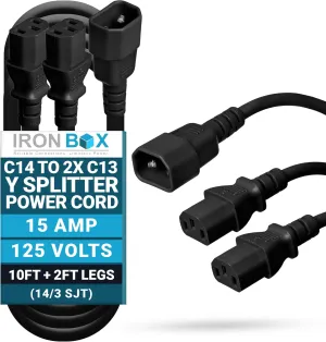 IronBox Electric IEC C14 to 2X C13 Splitter Power Cords - 15A, 250V, 14/3 SJT - UL Listed Power Extension Cable -Heavy Duty Power Connector for Computer, Monitor, PDU, Speaker & More (10ft   2ft Legs)