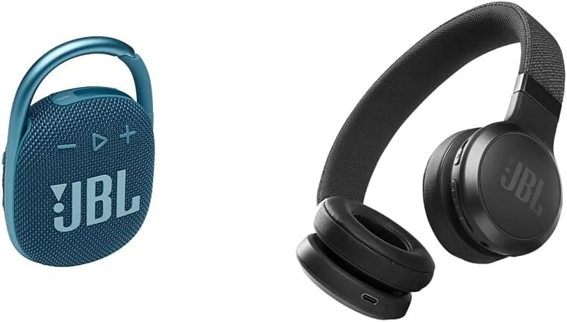 JBL Clip 4 - Portable Mini Bluetooth Speaker, Big Audio and Punchy bass & Live 460NC - Wireless On-Ear Noise Cancelling Headphones with Long Battery Life and Voice Assistant Control - Black, Medium