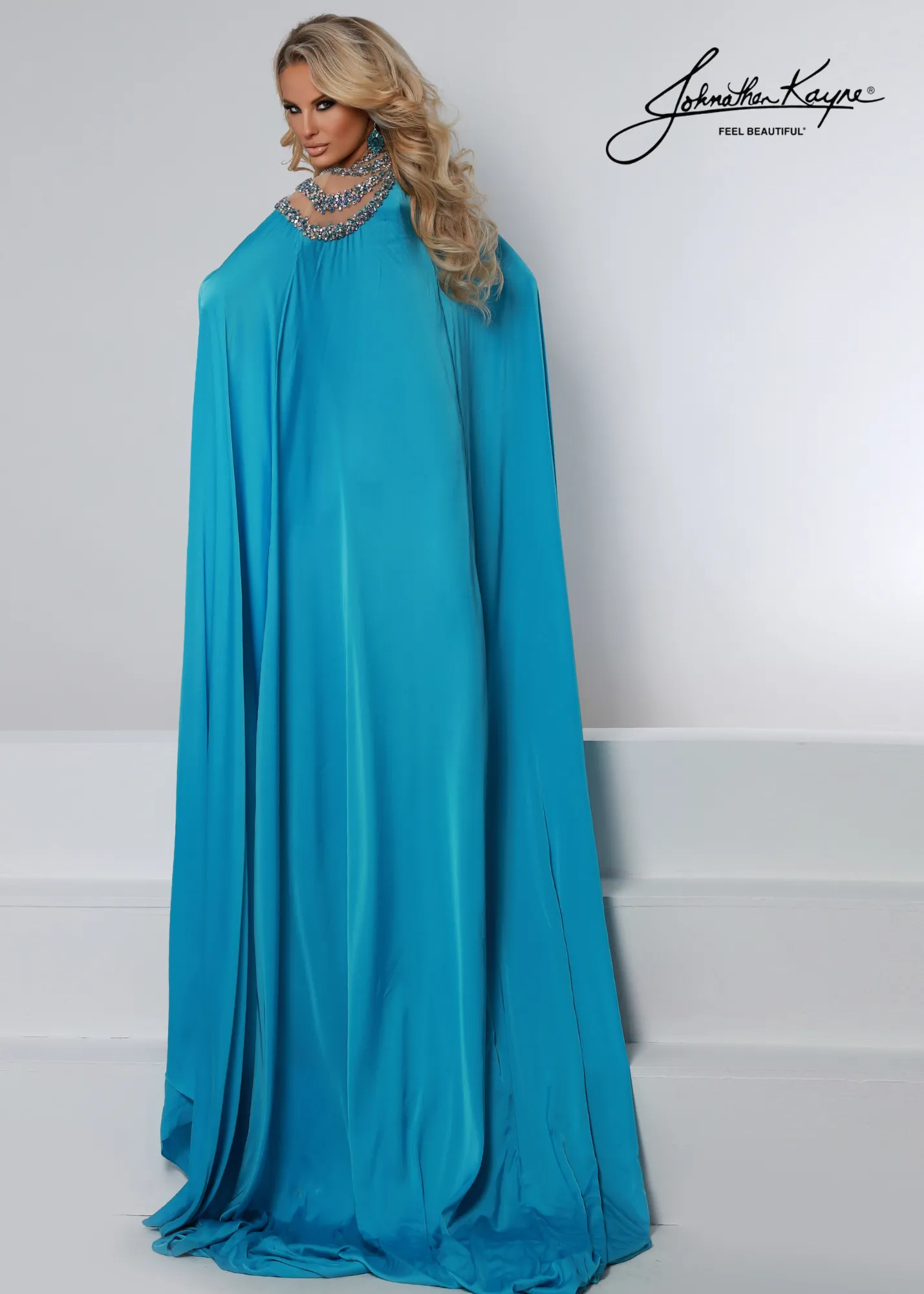 Johnathan Kayne 2628 Long Fitted Sequin High Slit Formal Pageant Dress Cape Evening Gown