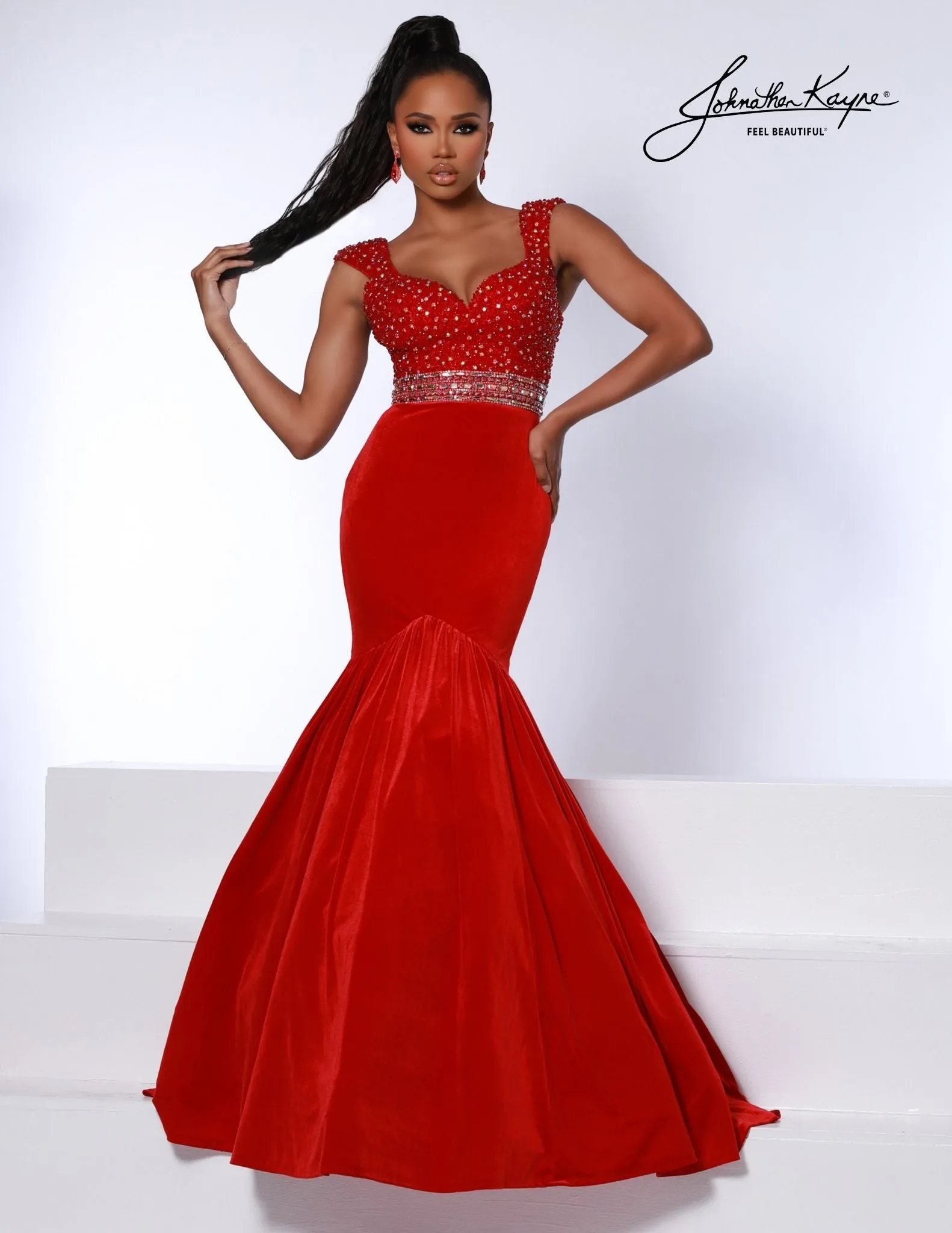Johnathan Kayne 2724 Velvet Fit and Flare Evening Gown Cap Sleeves sequin bodice dress