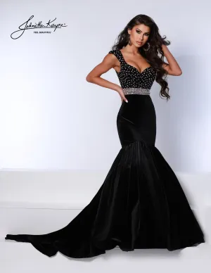 Johnathan Kayne 2724 Velvet Fit and Flare Evening Gown Cap Sleeves sequin bodice dress
